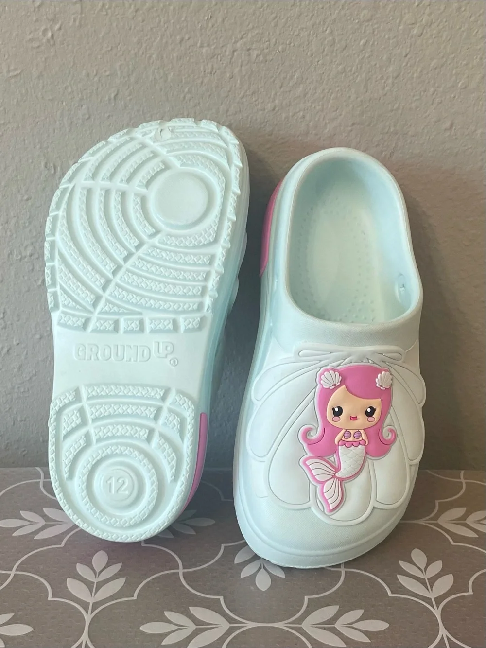 Toddler Girl size 12 Slip on Clogs Light Mint Green with Pink Mermaid Accent